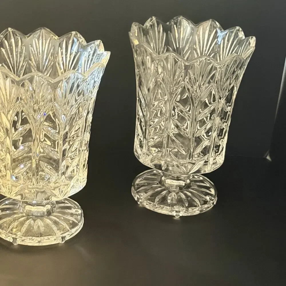 Pair Fifth Avenue Portico Crystal Hurricane Candle Holder Vases 7.5
